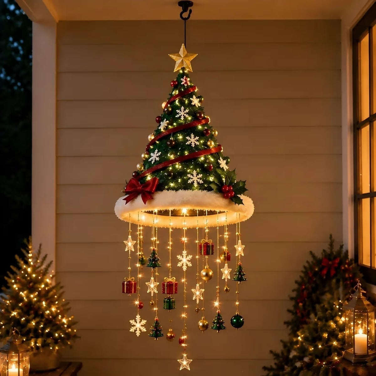 🎄 Lighted Christmas Hanging Chandelier – Tree & Santa Hat Holiday Décor