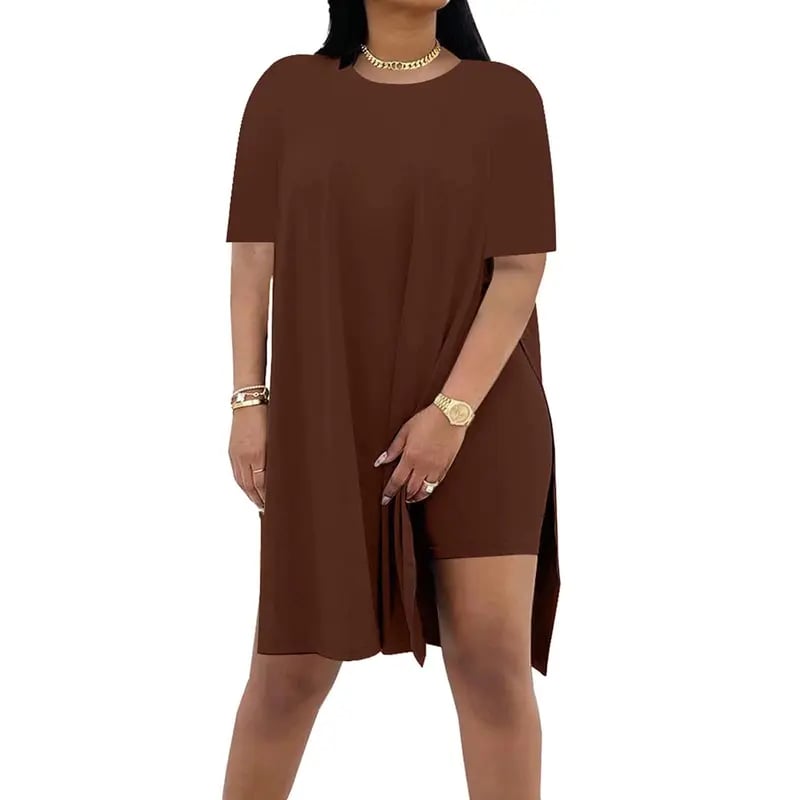 🔥🔥Limited-time 49% off offer - - Women Plus Size 2 Piece Outfits Lady Basic Crewneck Short Sleeve Tunic Tops and Skinny Biker Shorts Sets Tracksuits Casual Soft Womenswear