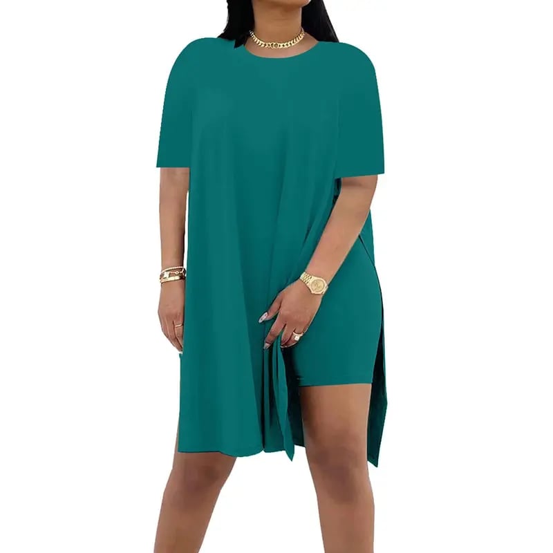 🔥🔥Limited-time 49% off offer - - Women Plus Size 2 Piece Outfits Lady Basic Crewneck Short Sleeve Tunic Tops and Skinny Biker Shorts Sets Tracksuits Casual Soft Womenswear