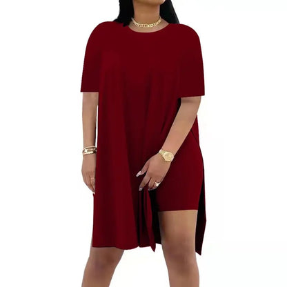 🔥🔥Limited-time 49% off offer - - Women Plus Size 2 Piece Outfits Lady Basic Crewneck Short Sleeve Tunic Tops and Skinny Biker Shorts Sets Tracksuits Casual Soft Womenswear