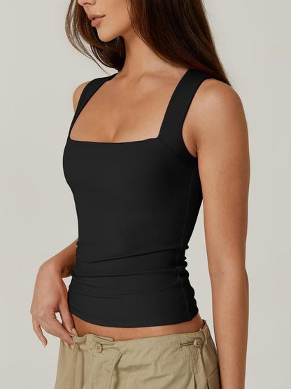 💥Women's Square Neck Sleeveless Double-Layer Tank Tops Basic Tight T Shirts short