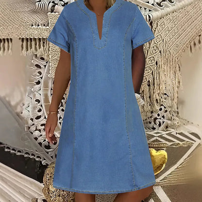 🔥 49% OFF🔥⏰Women's Short Sleeve V-Neck Denim Dress