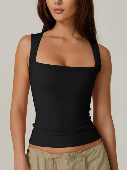 💥Women's Square Neck Sleeveless Double-Layer Tank Tops Basic Tight T Shirts short