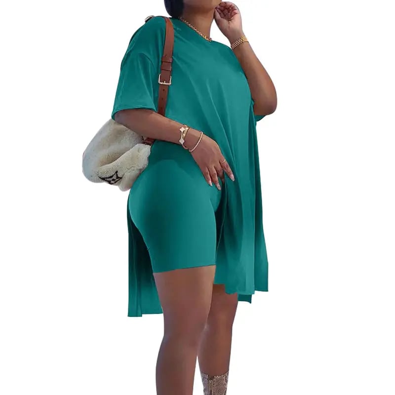 🔥🔥Limited-time 49% off offer - - Women Plus Size 2 Piece Outfits Lady Basic Crewneck Short Sleeve Tunic Tops and Skinny Biker Shorts Sets Tracksuits Casual Soft Womenswear