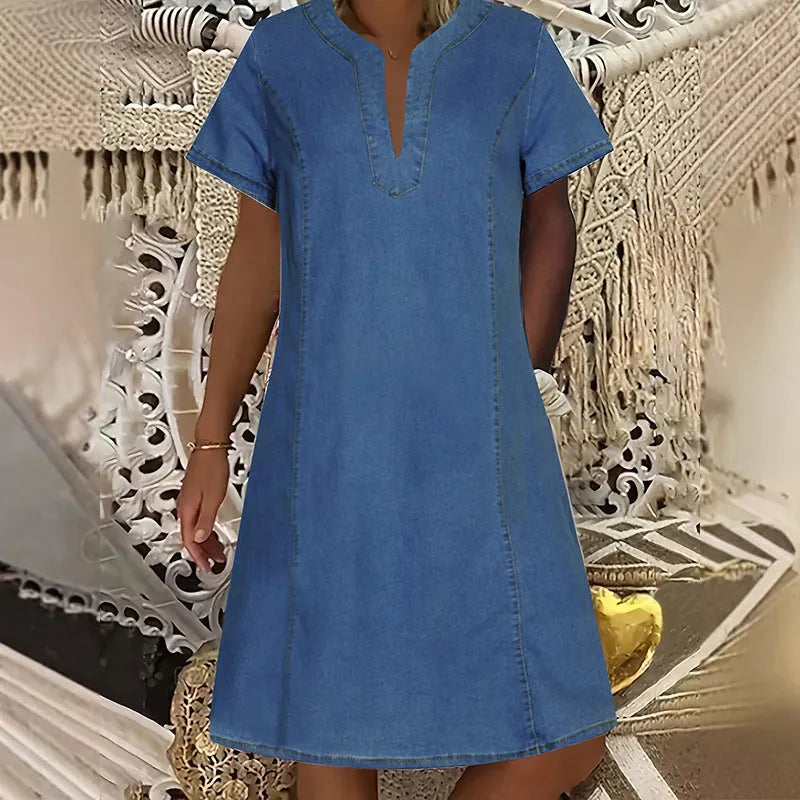 🔥 49% OFF🔥⏰Women's Short Sleeve V-Neck Denim Dress