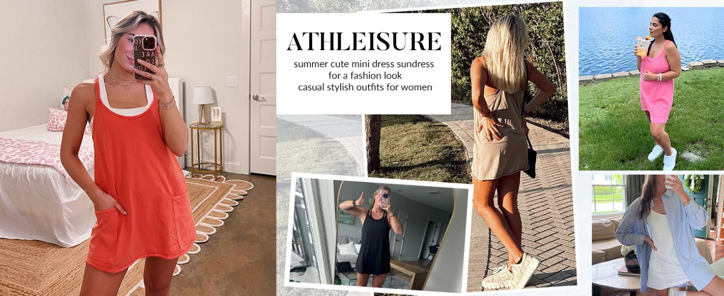 🔥 Women's Summer Sleeveless Mini Dress with Built-in Shorts V Neck Spaghetti Straps Athletic Shorts Tennis Dress with Pockets