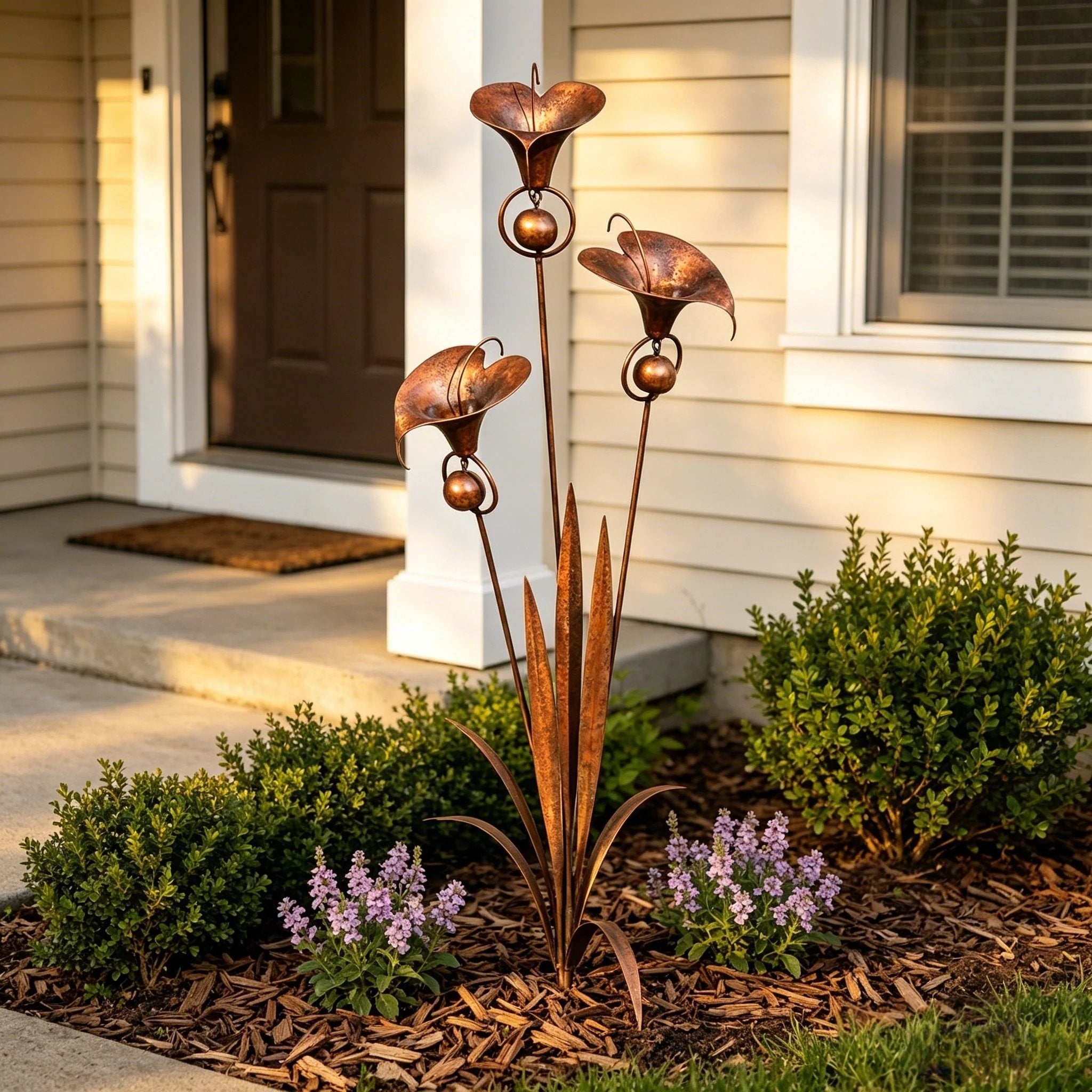 ⏰Limited Time Special Offer✈️Free Shipping🏡 3 Calla Lilies Flamed Copper Stake Decor with Wind Bells 🔔