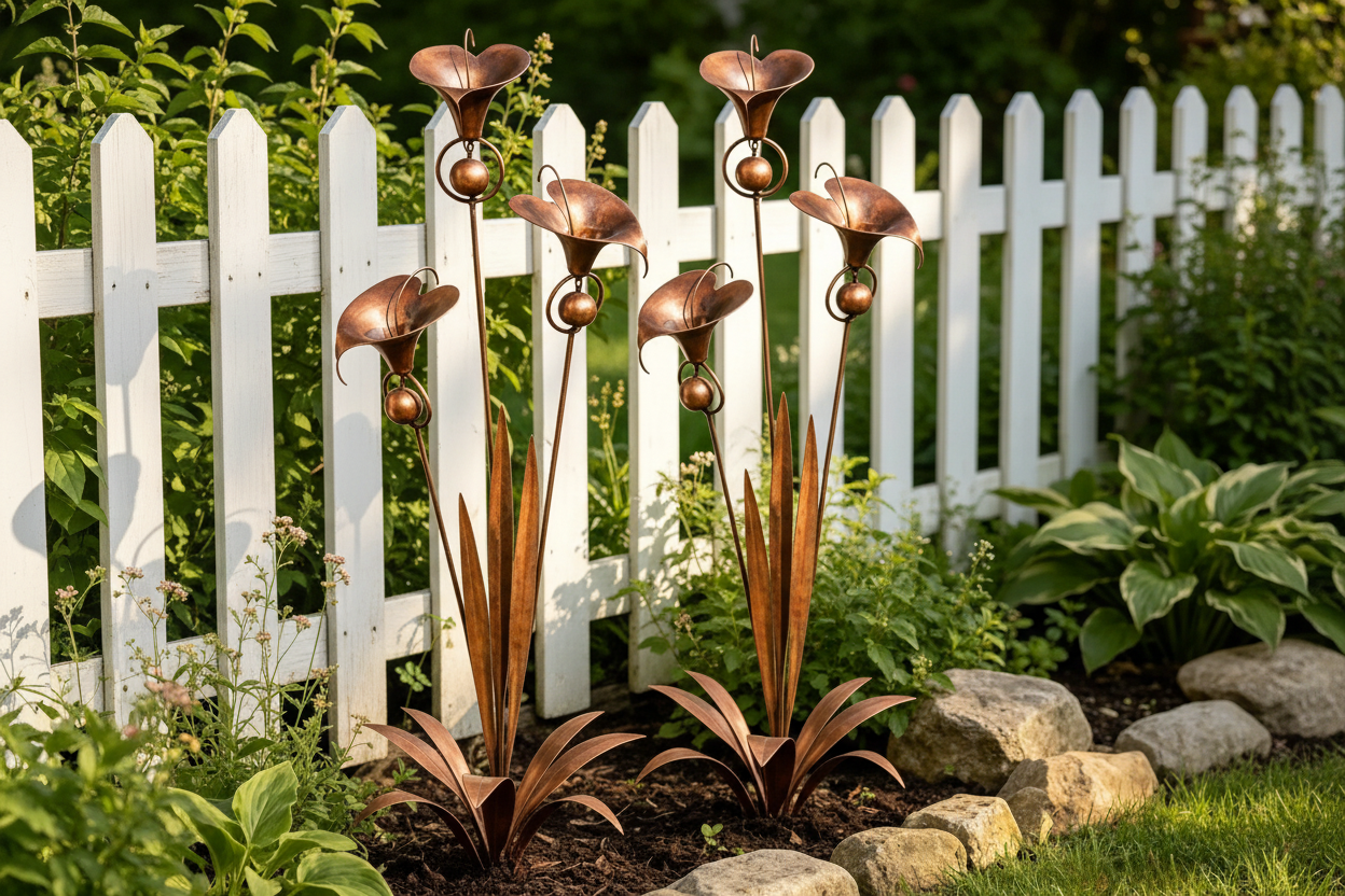 ⏰Limited Time Special Offer✈️Free Shipping🏡 3 Calla Lilies Flamed Copper Stake Decor with Wind Bells 🔔