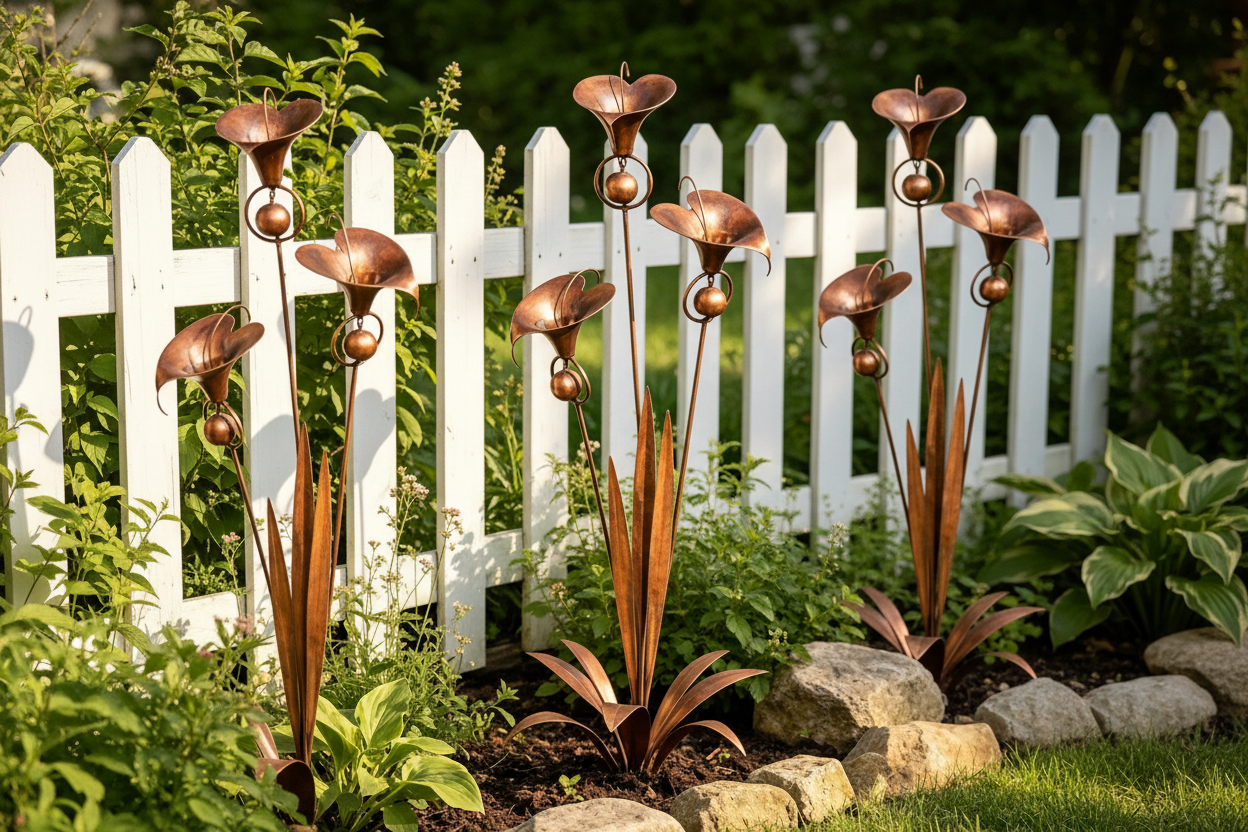 ⏰Limited Time Special Offer✈️Free Shipping🏡 3 Calla Lilies Flamed Copper Stake Decor with Wind Bells 🔔