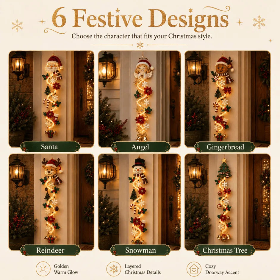 🎄MerryCascade Glowing Christmas Door Hanger | 6 Festive Lighted Designs with Warm Glow, Dimensional Details & Space-Saving Vertical Décor ✨