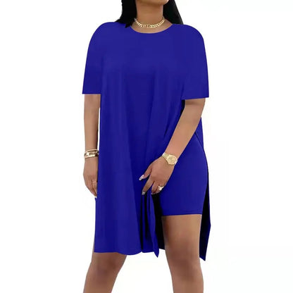 🔥🔥Limited-time 49% off offer - - Women Plus Size 2 Piece Outfits Lady Basic Crewneck Short Sleeve Tunic Tops and Skinny Biker Shorts Sets Tracksuits Casual Soft Womenswear