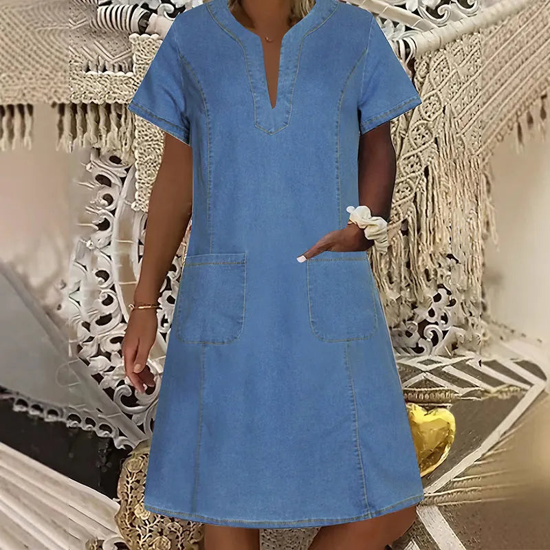 🔥 49% OFF🔥⏰Women's Short Sleeve V-Neck Denim Dress