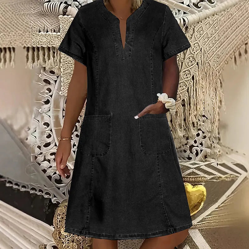 🔥 49% OFF🔥⏰Women's Short Sleeve V-Neck Denim Dress