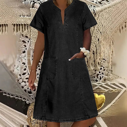 🔥 49% OFF🔥⏰Women's Short Sleeve V-Neck Denim Dress