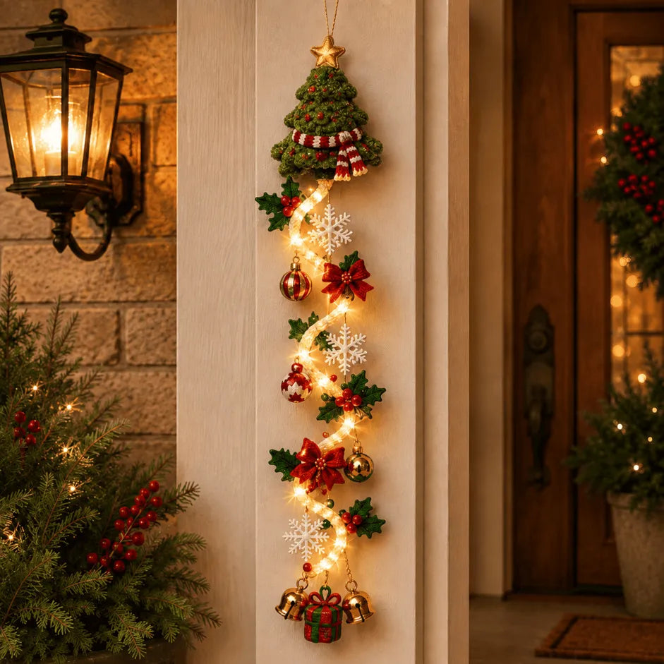 🎄MerryCascade Glowing Christmas Door Hanger | 6 Festive Lighted Designs with Warm Glow, Dimensional Details & Space-Saving Vertical Décor ✨