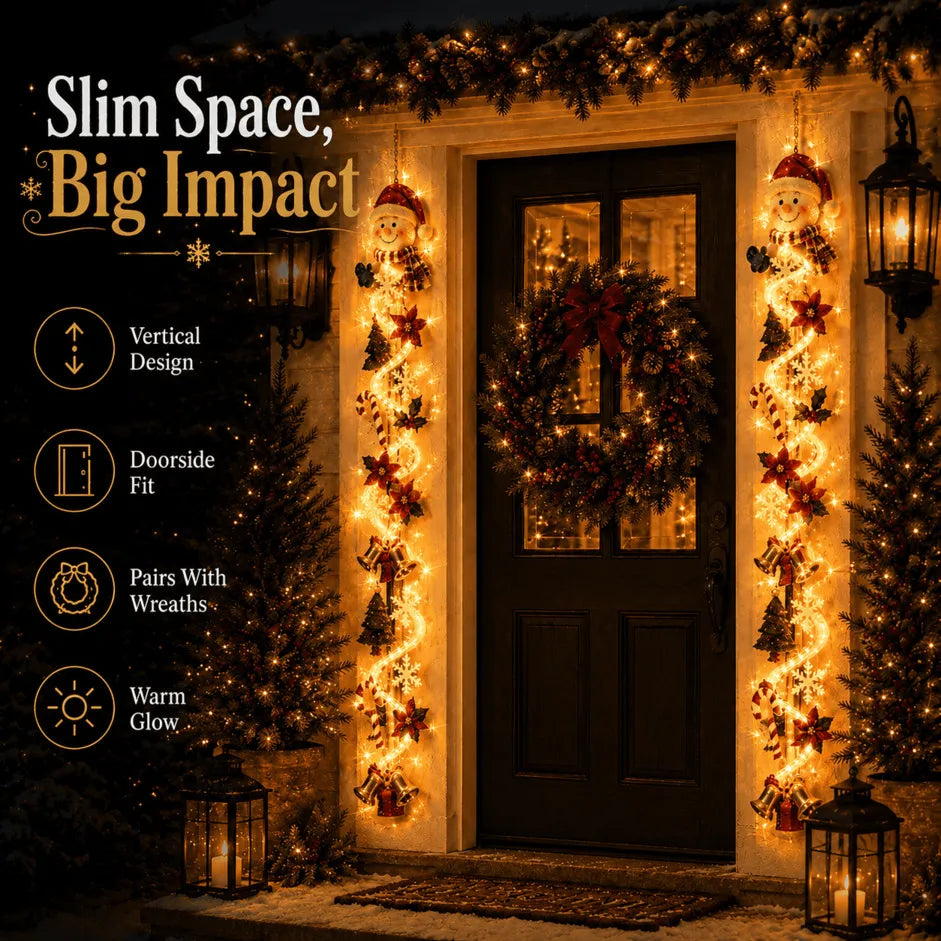 🎄MerryCascade Glowing Christmas Door Hanger | 6 Festive Lighted Designs with Warm Glow, Dimensional Details & Space-Saving Vertical Décor ✨
